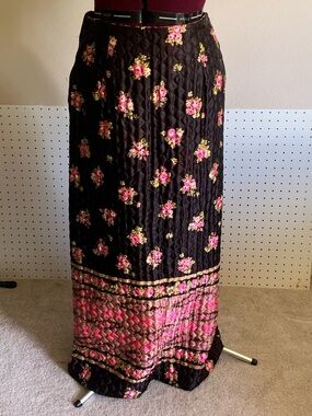 Black Quilted Maxi Skirt with Pink Floral Border